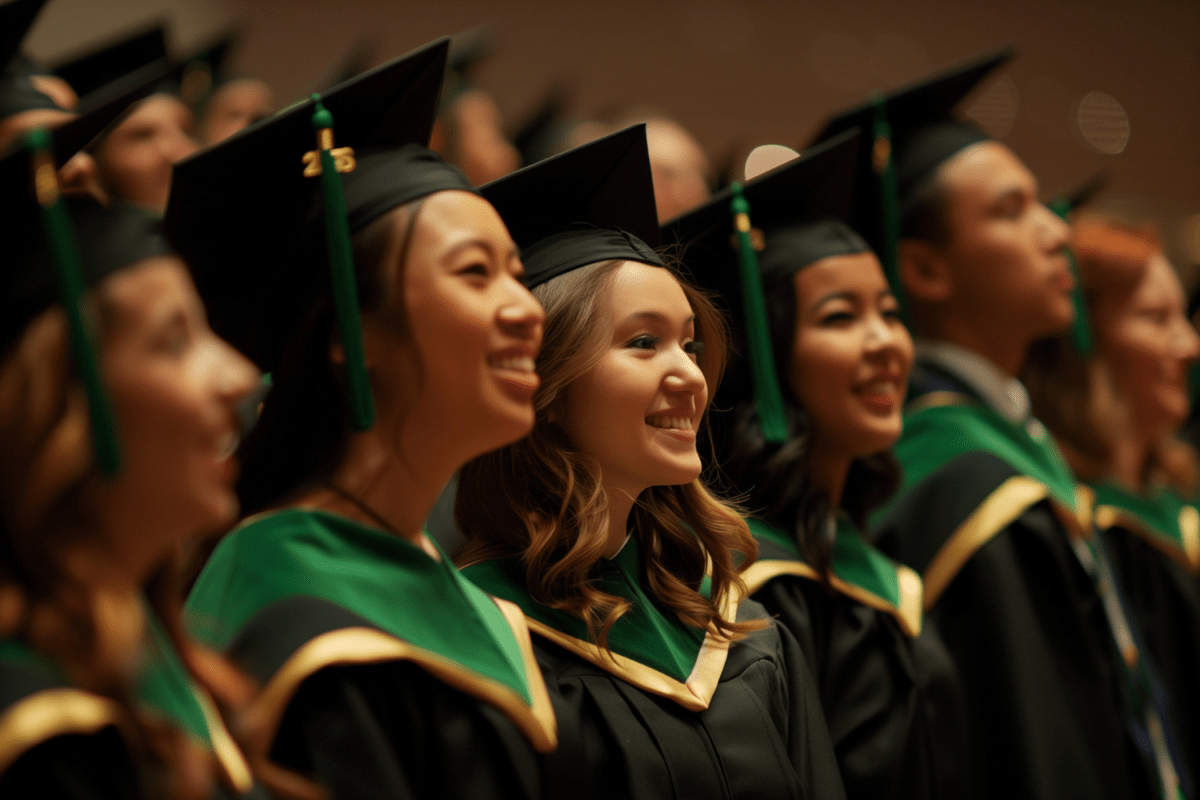 A row of young sorority women, smiling and dressed in graduation caps and gowns, standing together with pride as they celebrate their college graduation, embodying camaraderie and achievement.