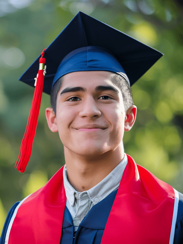 A young man beaming with joy, clad in his graduation cap and gown, as he stands proudly after his college graduation ceremony, celebrating his remarkable achievement.