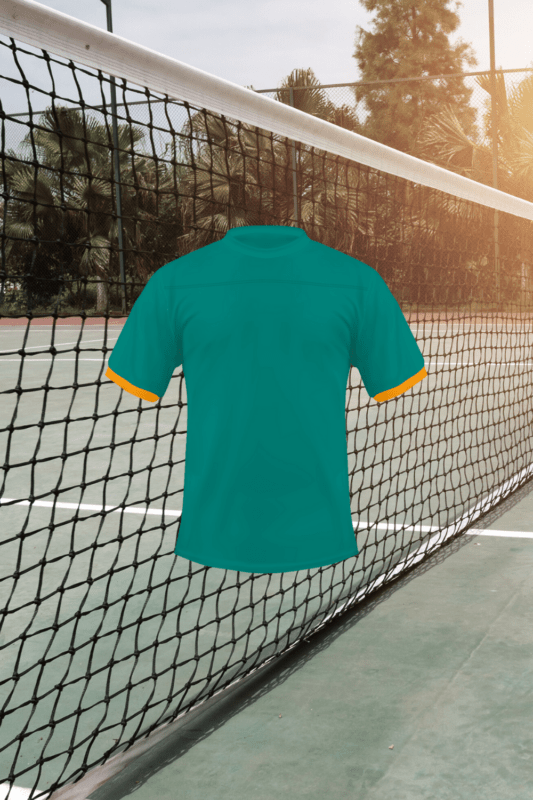 Jade blank crewneck fraternity jersey with gold cuffs on tennis court. Bold Greek apparel by JGG Sportswear