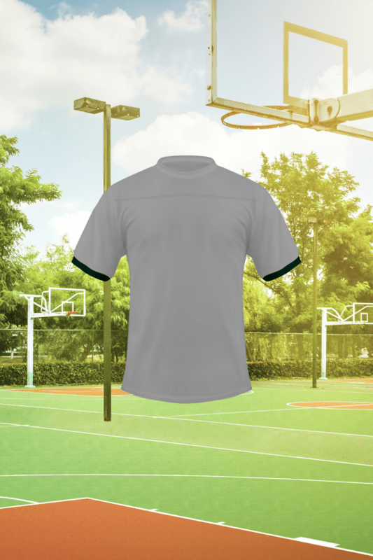 Blank white crewneck fraternity jersey with black cuffs on a basketball court. JGG Sportswear wholesale Greek apparel