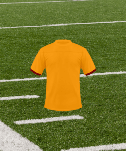 Blank gold crewneck fraternity jersey with red cuffs on a football field. JGG Sportswear Greek apparel