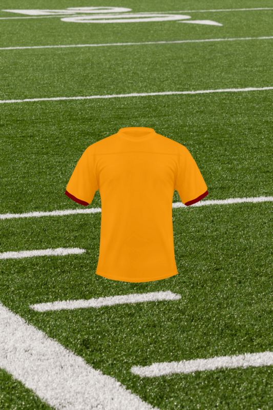Blank gold crewneck fraternity jersey with red cuffs on a football field. JGG Sportswear Greek apparel